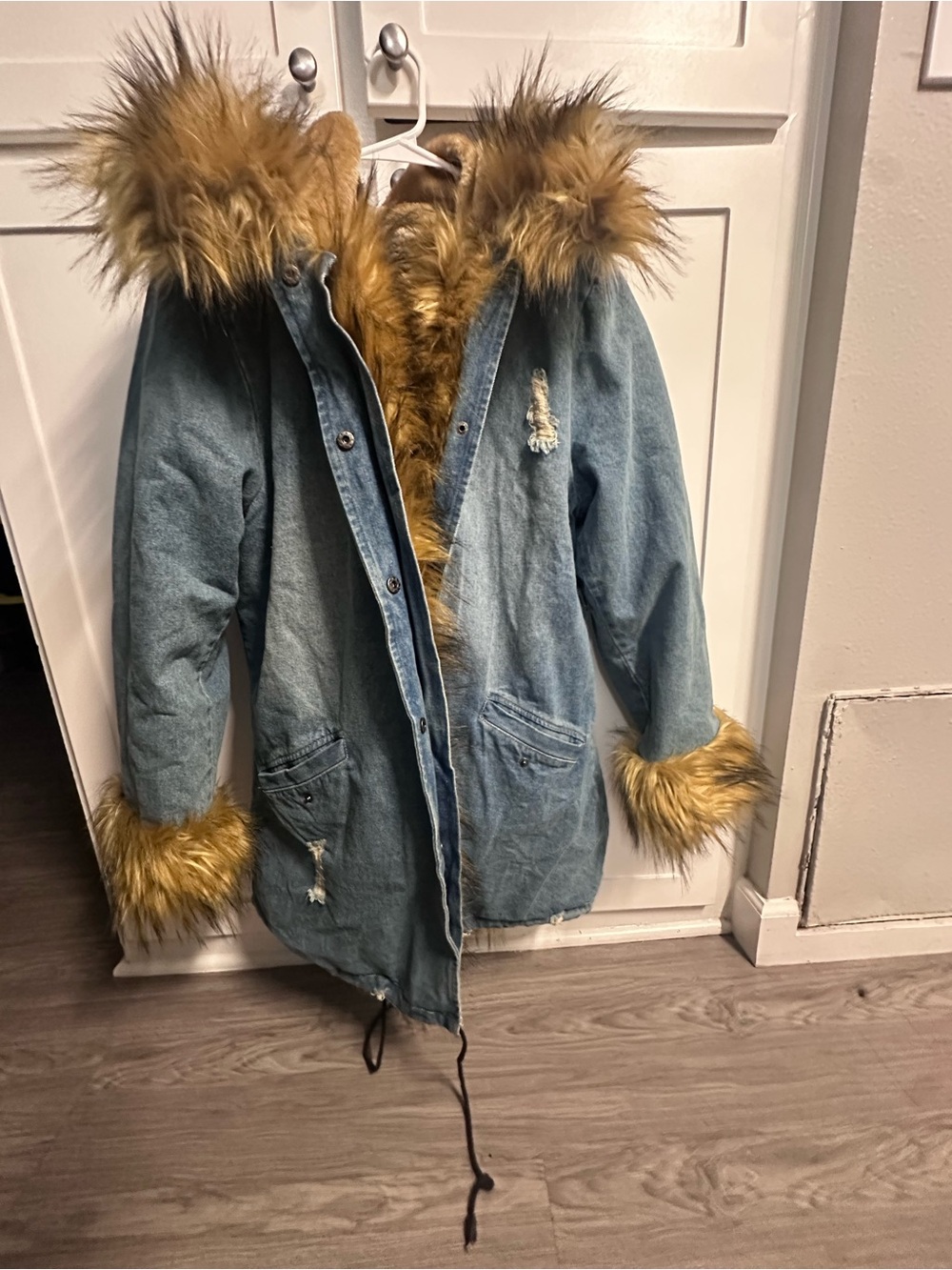 Denim Parka with Faux-Fur Trim - Blue Denim with Tan Fur